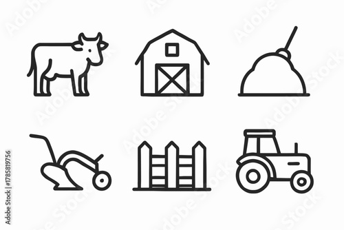 Farm icons set: cow, barn, haystack, plow, fence, tractor
