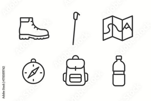 Essential hiking gear icons: boot, pole, map, compass, backpack, bottle