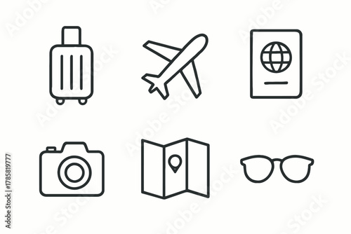 Travel essentials icons: suitcase, airplane, passport, camera, map, glasses