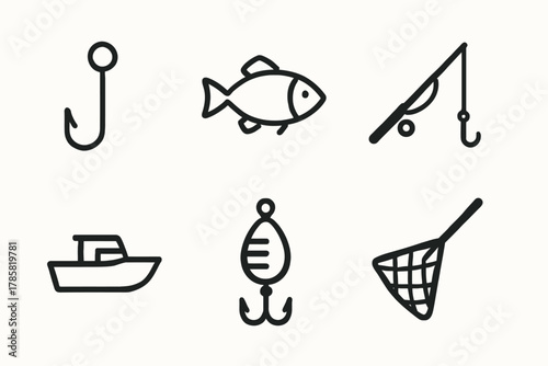 Fishing icon set with hook, fish, rod, boat, lure, and net