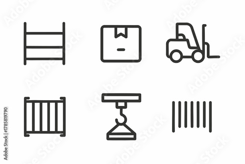 Logistics and warehouse icons: shelf, package, forklift, gate, hook, bars