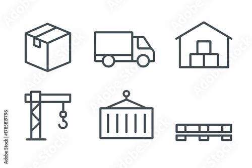 Logistics and transportation icons featuring box, truck, warehouse, crane, container, pallet