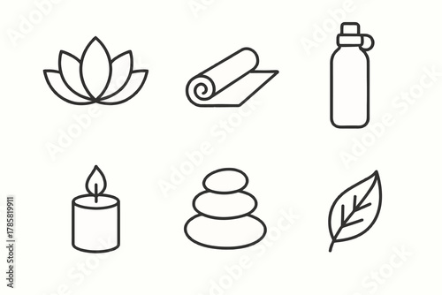 Minimalist wellness icons set featuring yoga mat, candle, and water bottle