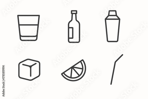 Cocktail icons: glass, bottle, shaker, ice cube, lemon slice, straw
