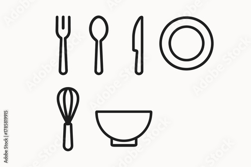 Minimalist line art of kitchen utensils and dinnerware