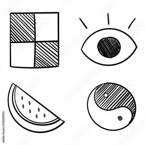 Hand-drawn doodle icons featuring a checkered square, an eye, a watermelon slice, and a yin yang symbol