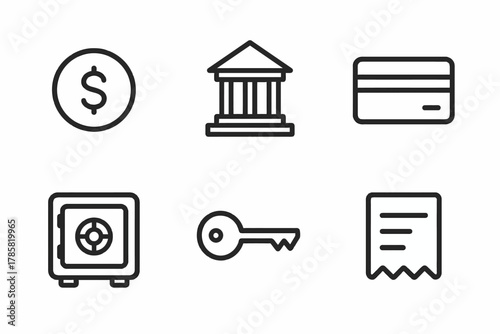 Financial icons: money, bank, card, safe, key, receipt symbols