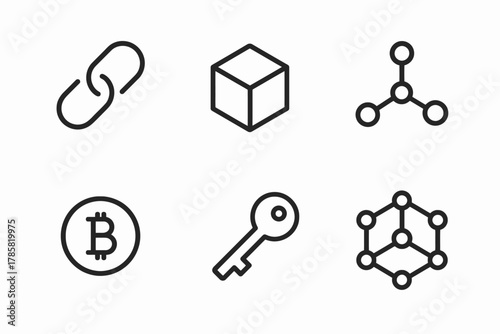 Blockchain and cryptocurrency icon set featuring bitcoin and blockchain concepts