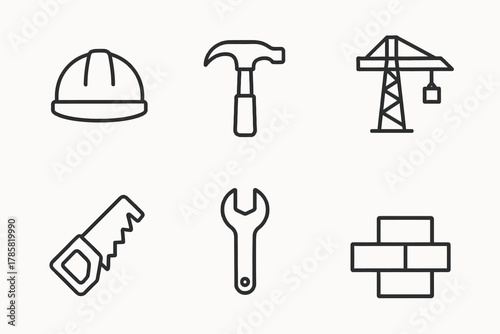 Construction icons set: hard hat, hammer, crane, saw, wrench, pipes in line art