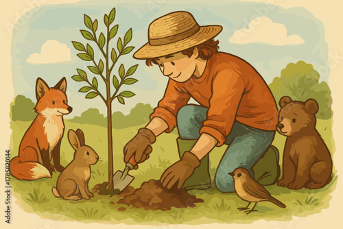 Young male gardener planting a tree sapling in a field while surrounded by friendly wildlife, including a fox, rabbit, bear cub, and bird.