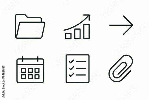 Minimalist office icons: folder, graph, arrow, calendar, checklist, paperclip