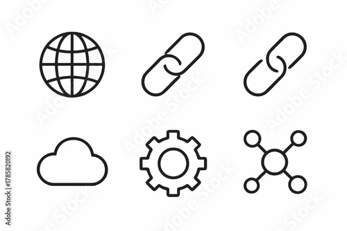 Set of simple line icons: globe, link, cloud, gear, network