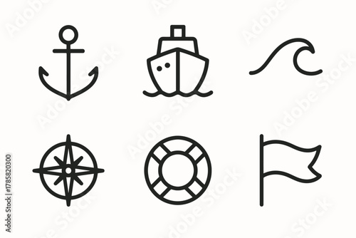Set of nautical icons: anchor, ship, wave, compass, lifebuoy, flag
