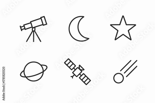 Astronomy icons: telescope, moon, star, planet, satellite, comet