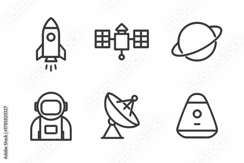Space exploration icons: rocket, satellite, planet, astronaut, antenna, capsule