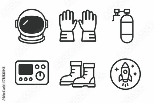 Space exploration icons set featuring helmet, gloves, oxygen tank, control panel, boots, and rocket