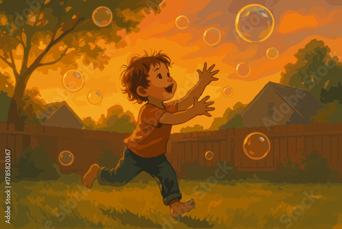 Young caucasian child joyfully chases soap bubbles in a backyard during a vibrant sunset.