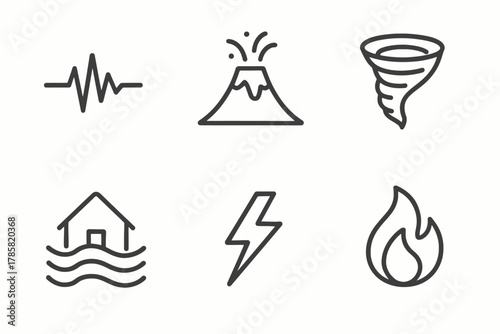 Simple icons representing natural disasters including earthquake, volcano, tornado, flood, lightning, fire