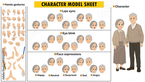 Elderly Couple Character Constructor Kit. Customizable Grandparents Model Sheet with Facial Expressions and Poses.