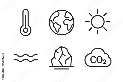 Climate change symbols: temperature, earth, sun, waves, iceberg, co2 cloud
