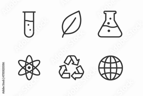 Science and sustainability icons: test tubes, leaf, atom, recycling, globe symbols
