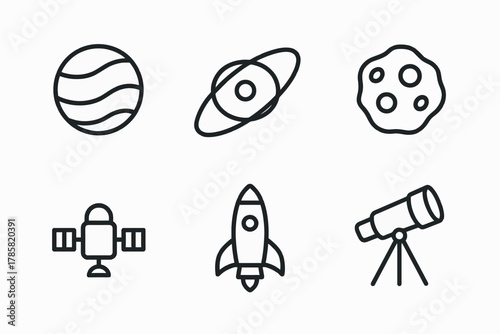 Space elements: planet, saturn, asteroid, satellite, rocket, telescope icons