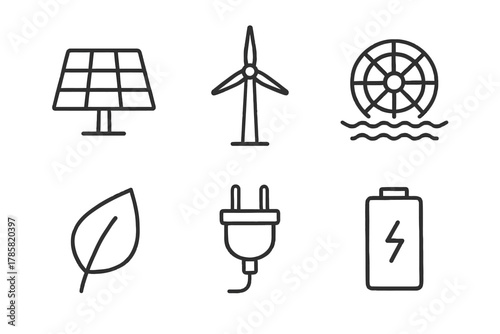 Renewable energy icons: solar, wind, hydro, leaf, plug, battery