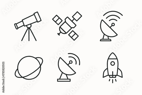 Space exploration icons: telescope, satellite, dish, planet, rocket