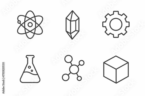 Minimalist science icons: atom, crystal, gear, beaker, molecule, cube line art