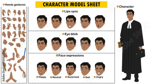 Lawyer Character Constructor Kit. Customizable Legal Character Model Sheet in Formal Court Attire.