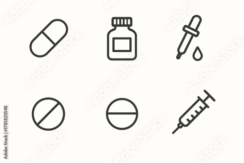 Medical icons: capsule, bottle, dropper, pill, syringe - simple line art