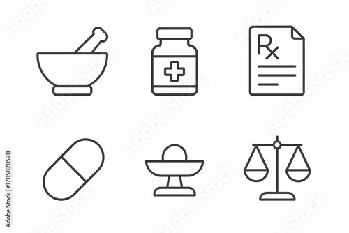 Medical icons set: mortar, medicine bottle, prescription, pill, dish, scales