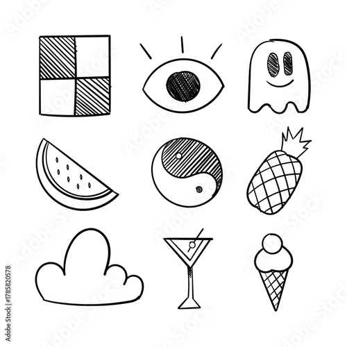 Hand-drawn doodle set of various icons including a chessboard, eye, ghost, watermelon, yin-yang and ice cream