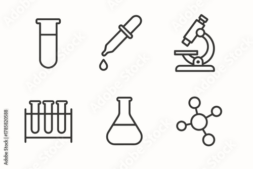 Scientific laboratory equipment icons: test tube, pipette, microscope, and molecular structure