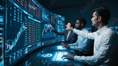 Trader studies stock market data. Team analyst reviews trading chart on screen. Finance professional examines trend risk. Multiple monitor display real time graph. Focused collaboration in office.