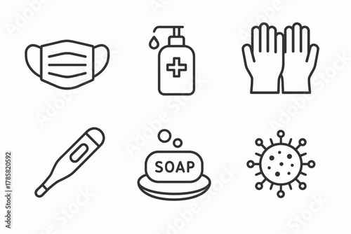 Healthcare essentials: mask, sanitizer, gloves, thermometer, soap, virus icon set