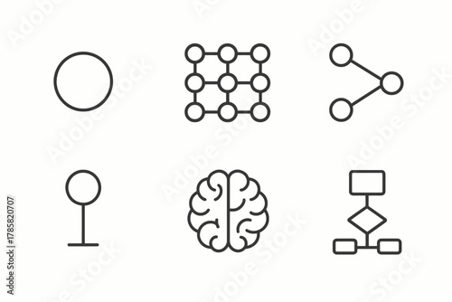 Minimalistic set: circle, grid, network, pin, brain, flowchart icons