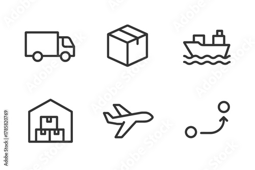 Logistics and transportation icons: truck, package, ship, warehouse, airplane, route
