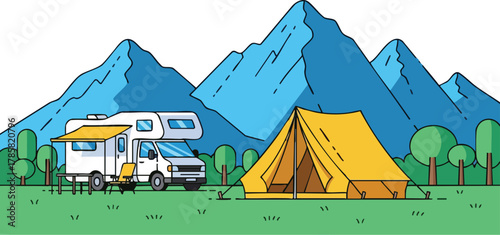 RV and tent camping in the mountains illustration for commercial use