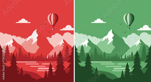 Mountain Landscape in Two Color Variations Red and Green Illustration