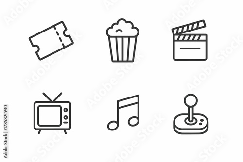 Minimalist entertainment icons: ticket, popcorn, clapperboard, tv, music note, joystick