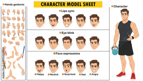 Male Bodybuilder Character Constructor Kit. Customizable Fitness Model Sheet with Muscular Poses and Facial Expressions.