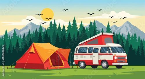 Camper Van and Tent Adventure in Nature Landscape Illustration