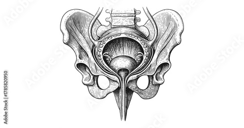 Detailed anatomical diagram of human pelvis in vintage engraving style