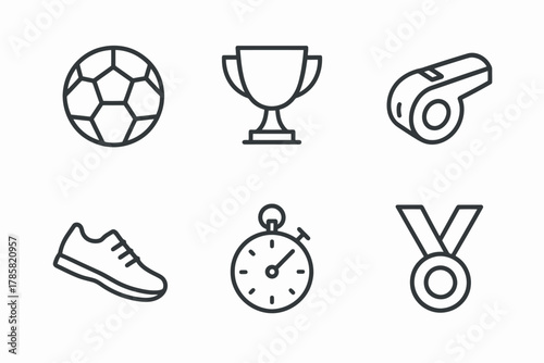Icons of soccer: ball, trophy, whistle, shoe, stopwatch, medal