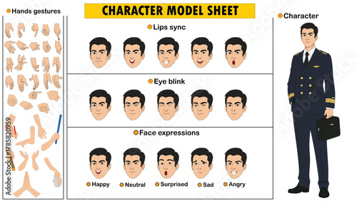 Male Pilot Character Constructor Kit. Customizable Airline Captain Model Sheet with Uniform, Poses, and Facial Expressions.