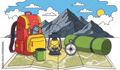 Outdoor Adventure Gear Backpack Compass Map Lantern Mat and Mountain Scenery Illustration
