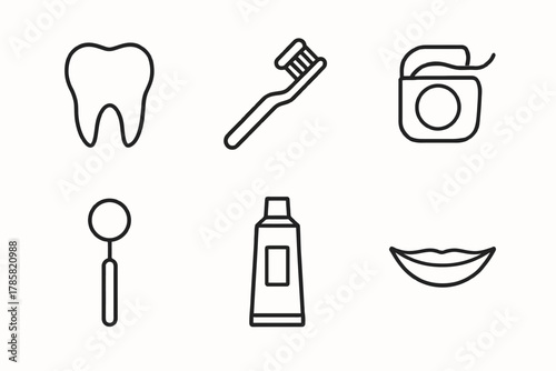 Dental care icons: tooth, toothbrush, floss, mirror, toothpaste, smile