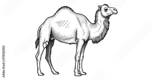 Detailed black and white camel sketch in vintage engraving style