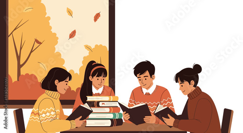Group of People Reading Books Together in a Cozy Room with Autumnal Vibes and Warm Colors